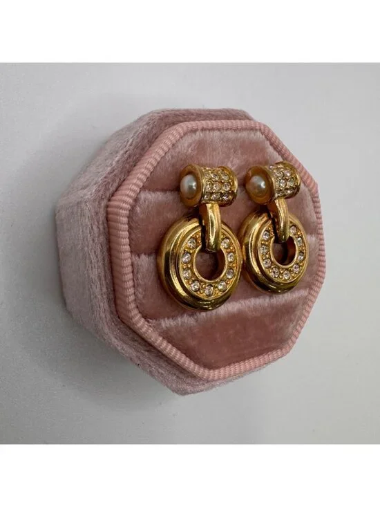 Swarovski Door Knocker Earrings Gold Tone Rhinestone Dangle Signed VTG Pierced - Picture 3 of 7